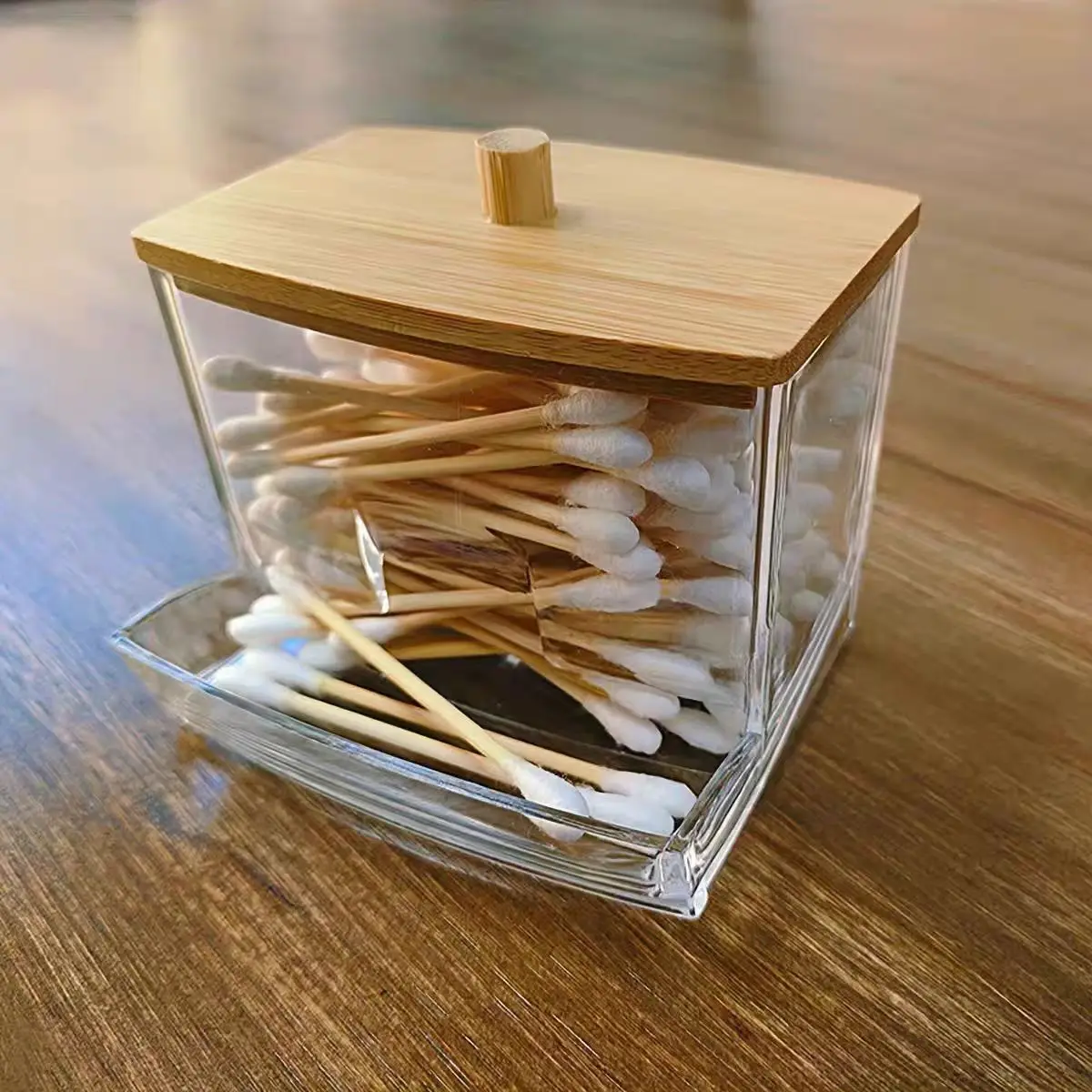 Cotton Swab Transparent Color Storage Box Cotton Swab Toothpick Container Square Bamboo Cover and Double Headed Cotton Swab