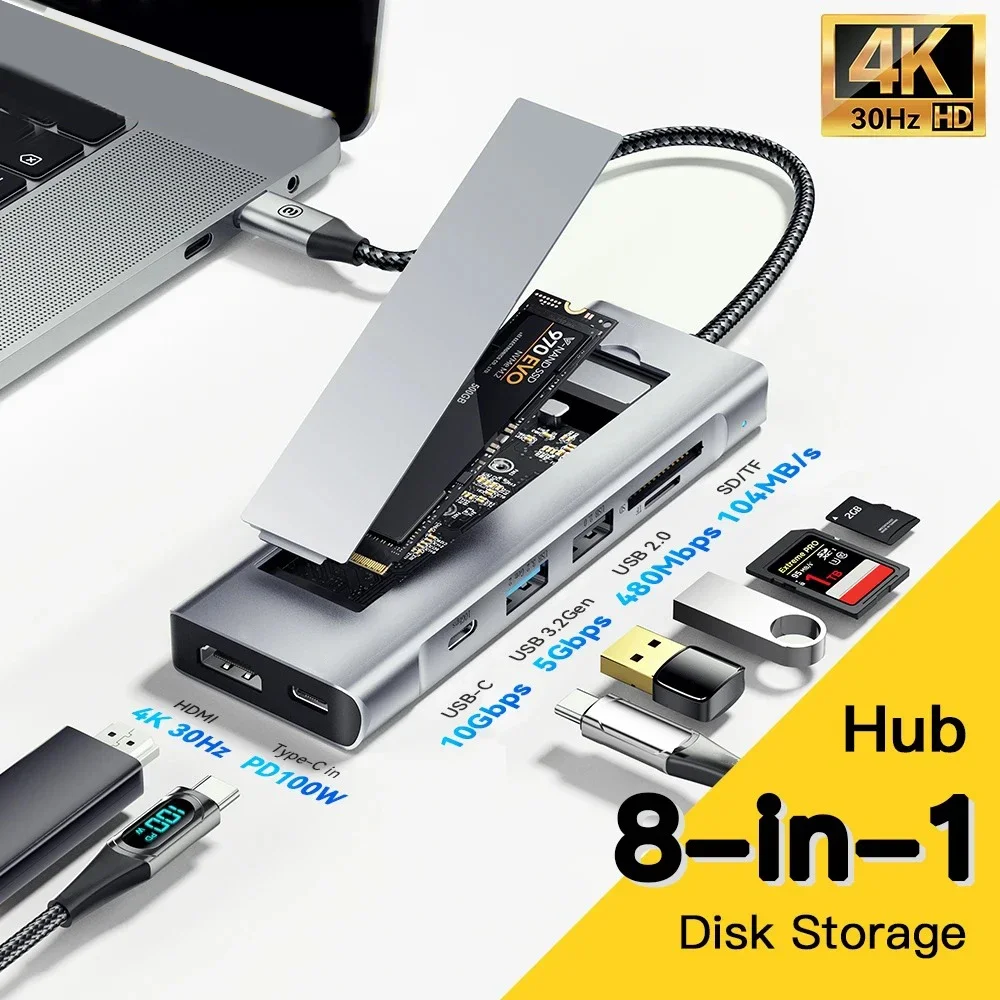 

Док-станция 8 в 1 с функцией хранения SSD M.2 SATA NVME USB Type C на HDMI ,8-in-1 USB Hub With Disk Storage Function SSD M.2 SATA NVME USB Type C to HDMI-Compatible Docking Station For Macbook Air M1 M2