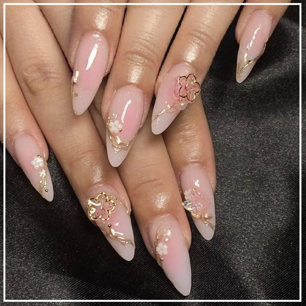 

24pcs Gradient Pink Almond False Nails Golden Flower Design Press on With Jelly Glue Mid-length Fake Nail Tips Wearable Manicure