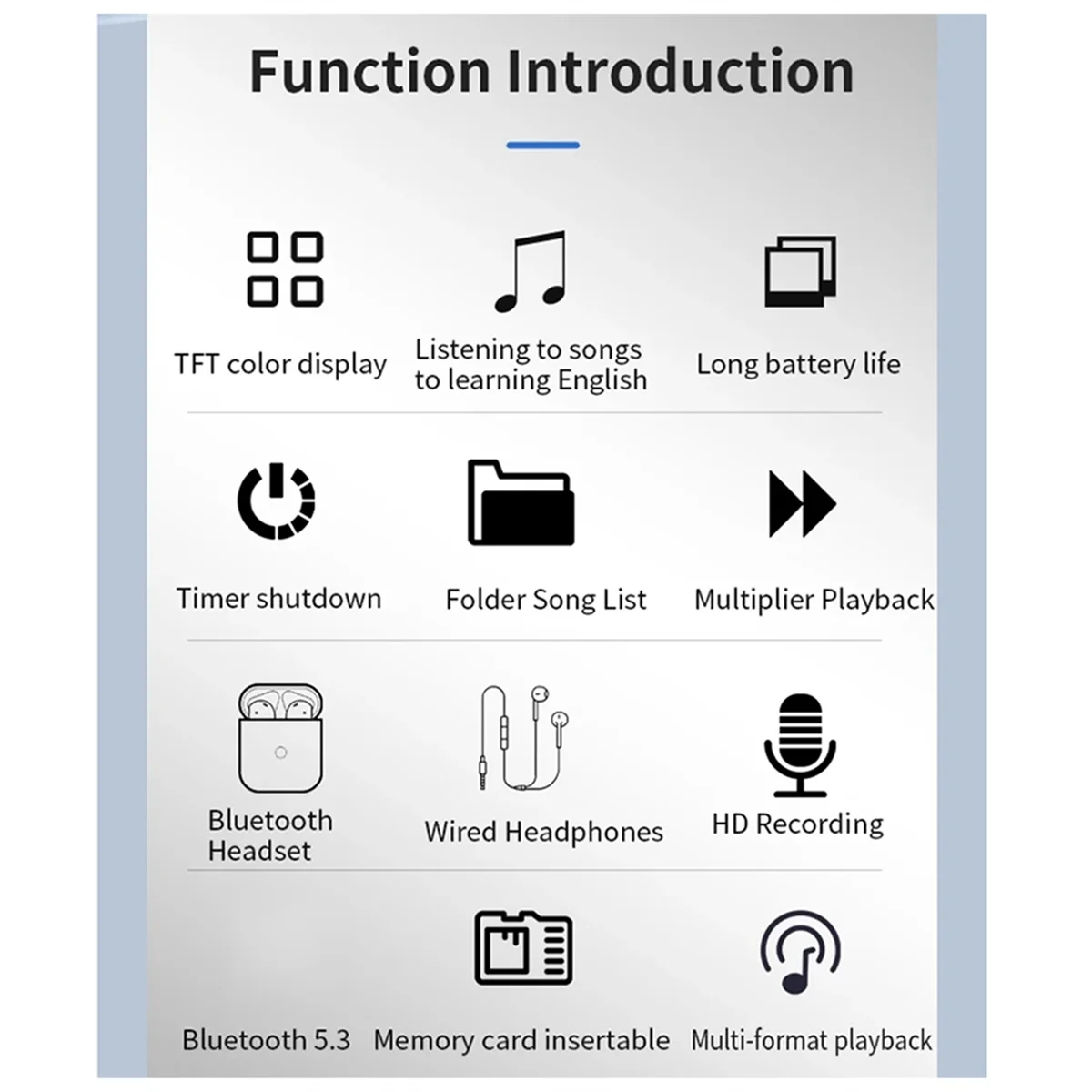 مشغل MP3 صغير للجيب Hifi TFT شاشة ملونة بلوتوث 5.3 HD مسجل توقيت إيقاف تشغيل بطاقة TF مشغل موسيقى