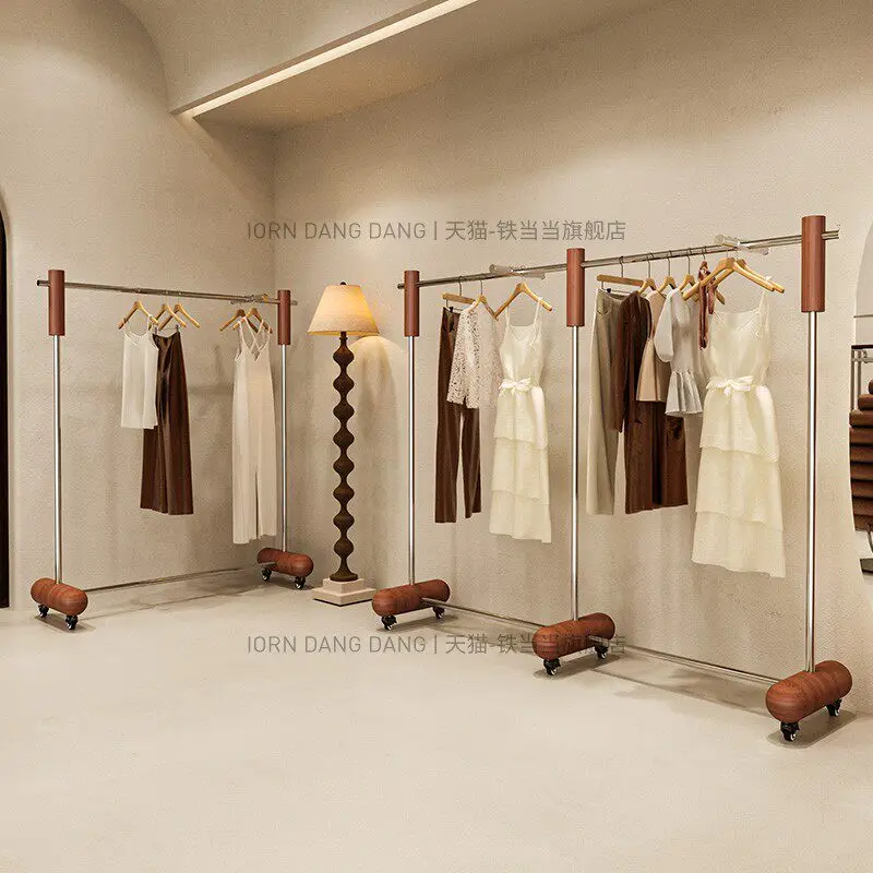 Clothing store Nakajima display rack placed in the middle of stainless steel walnut color double row hanger women's clothing sto