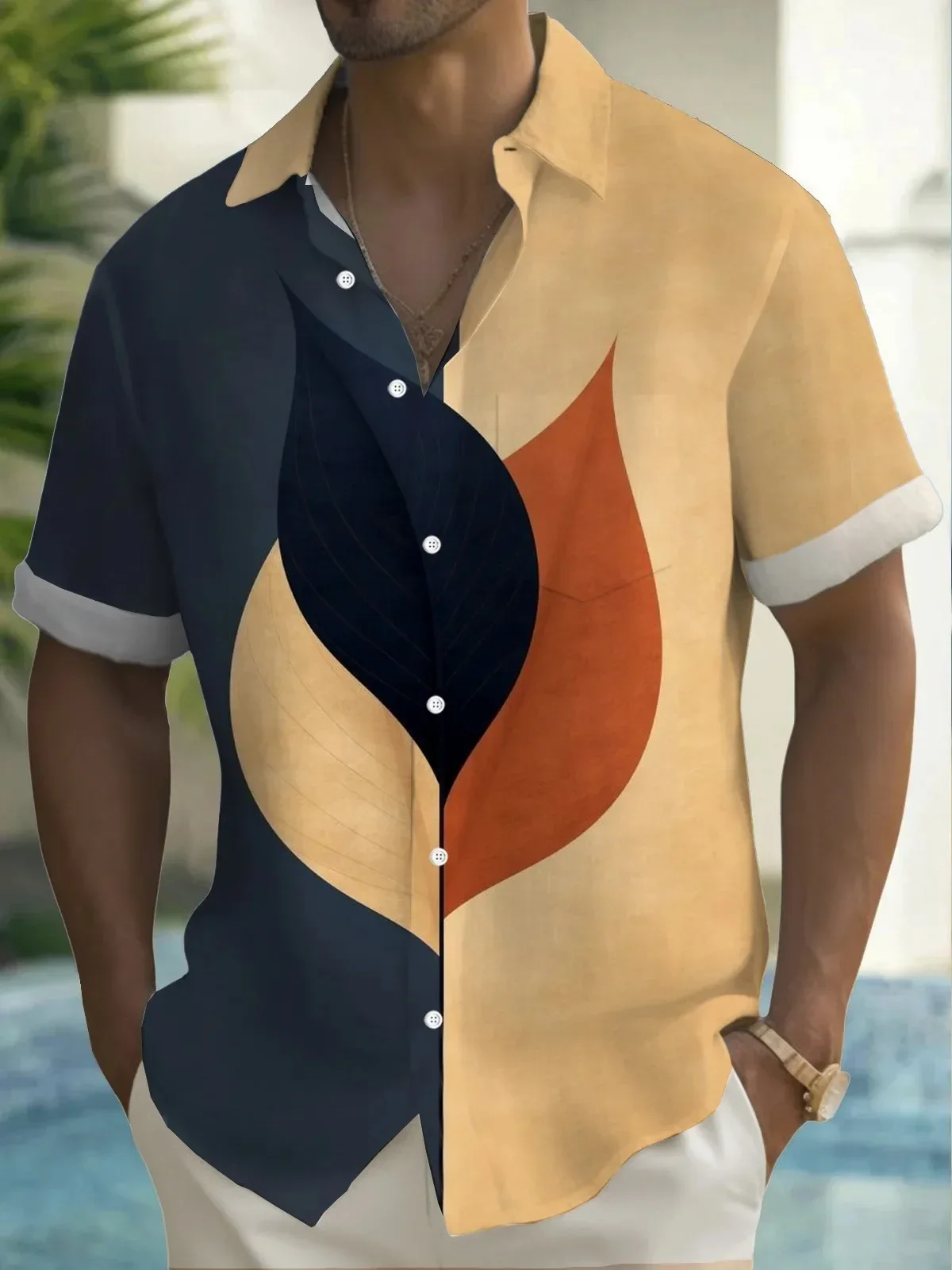 Men's summer shirt, made by 3D printing technology, featuring artistic geometric patterns. A loose Hawaiian-style shirt with but