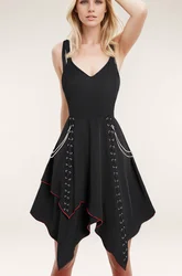 Women's Black Dresses Contrast Pipe Dress Grommet Lace Up Chain Embellishment Overlay Asymmetrical Hem Dress