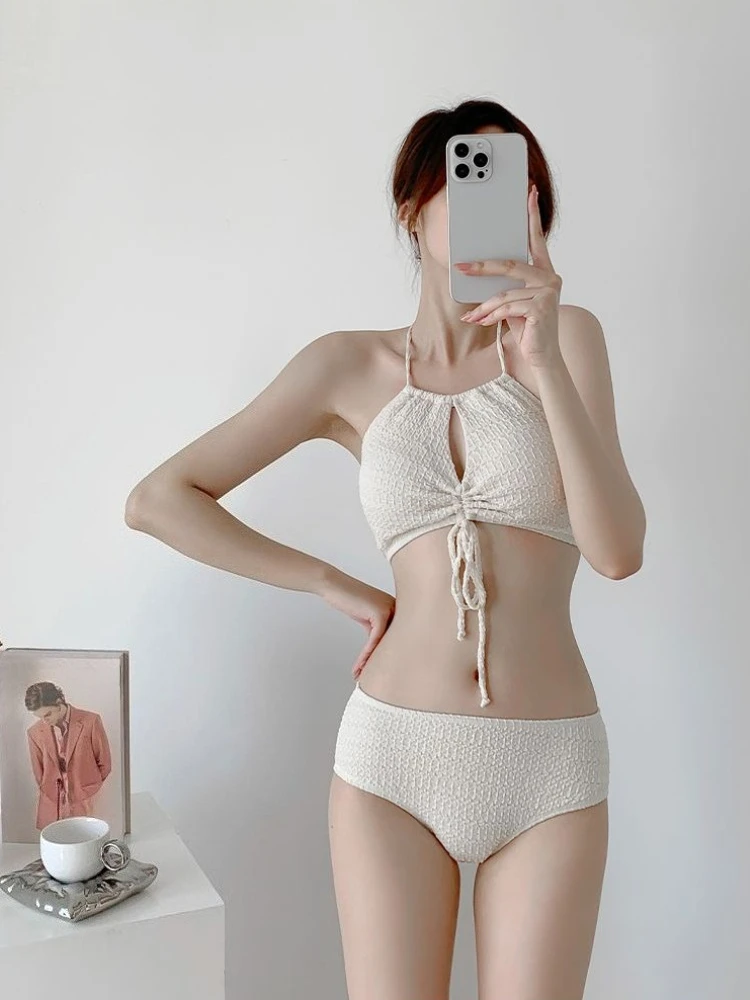 Trendy Womens Swimwear 3 in 1 Bikini Set Wrap Skirt Coverup Adjustable Halterneck Split Type for Seaside Spa Resort Wear