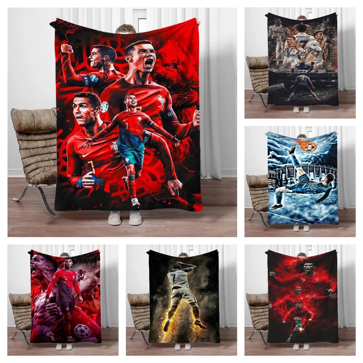 3D Goat Football Star R-Ronaldo Flannel Blanket Living Room Sofa Camping Picnic Office Bed Trave Warm Throw Blanket Holiday Gift
