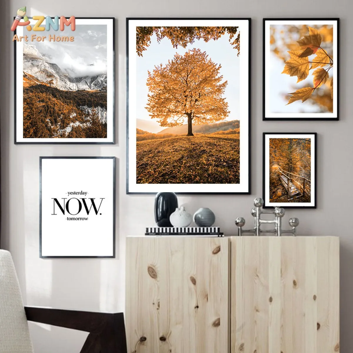 AZNM Golden Autumn Mountain Tree Scenery Canvas Wall Art Minimalist Now Text Quote Nature Landscape Living Room Home Unframed Ca