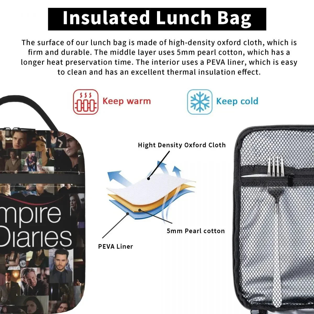 The Vampire Diaries Damon Salvatore Insulated Lunch Bag for Women Kids Portable Food Boxes Thermal Lunch Box Tote