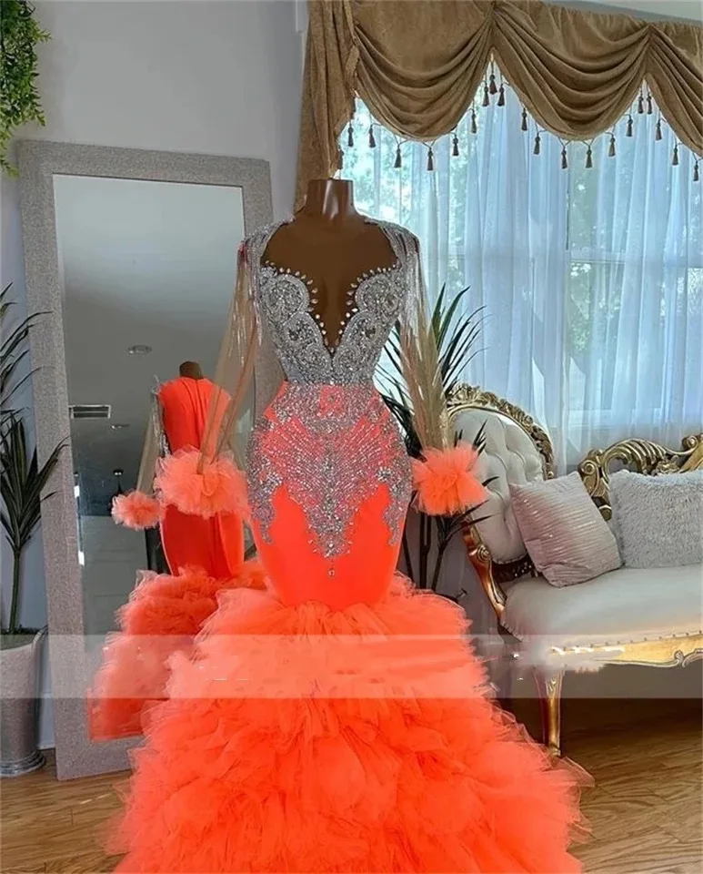Orange Black Girl Prom Dresses 2024 Luxury Mermaid Rhinestones Beaded Long Sleeves Ruffles Birthday Evening Gala Gown Graduation