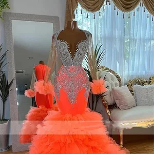 Orange schwarze girl prom Kleider 2024 Luxus mermaid Strasse Strass Langarmer Rüschen Geburtstag Abend Gala -Kleid Abschluss 8 Hauptverkäufe Laranja Abschlusskleid - №3