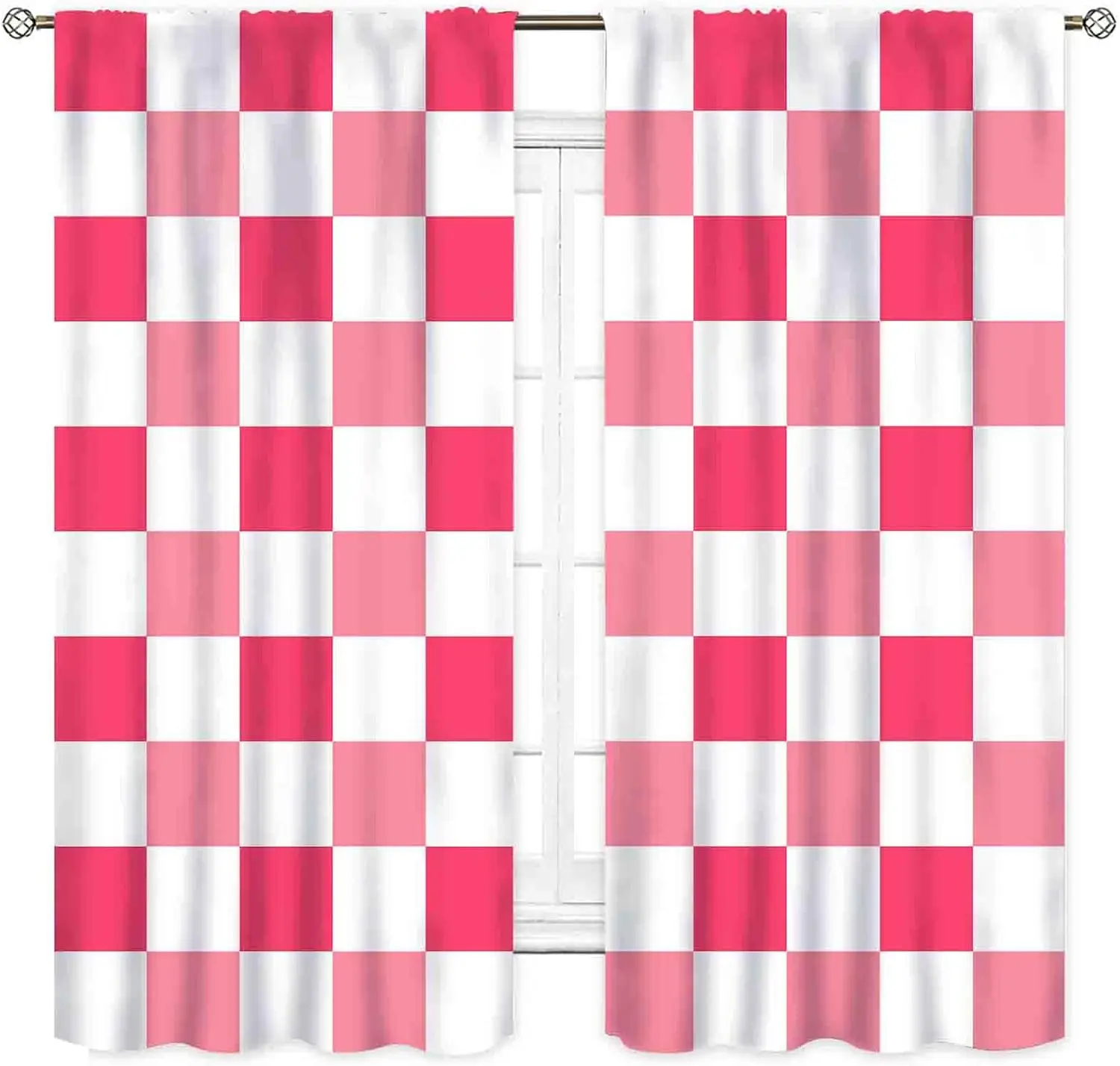 Pink Checkered Curtains,Retro 70s Funky Hippie Aesthetic Groovy Modern Checkboard Cute Colorful Bright Window Drapery Treatments