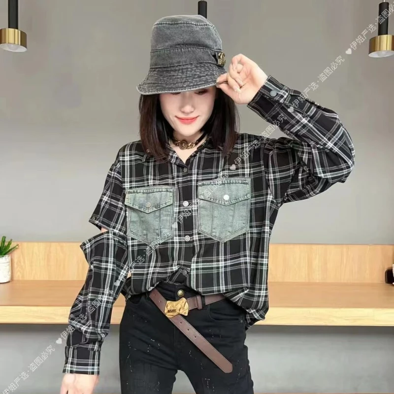 

New Spring and Autumn Style Loose Slim Denim Pocket Splicing Striped Shirt Jacket Plaided Outfit Wearing Fashionable Shirt