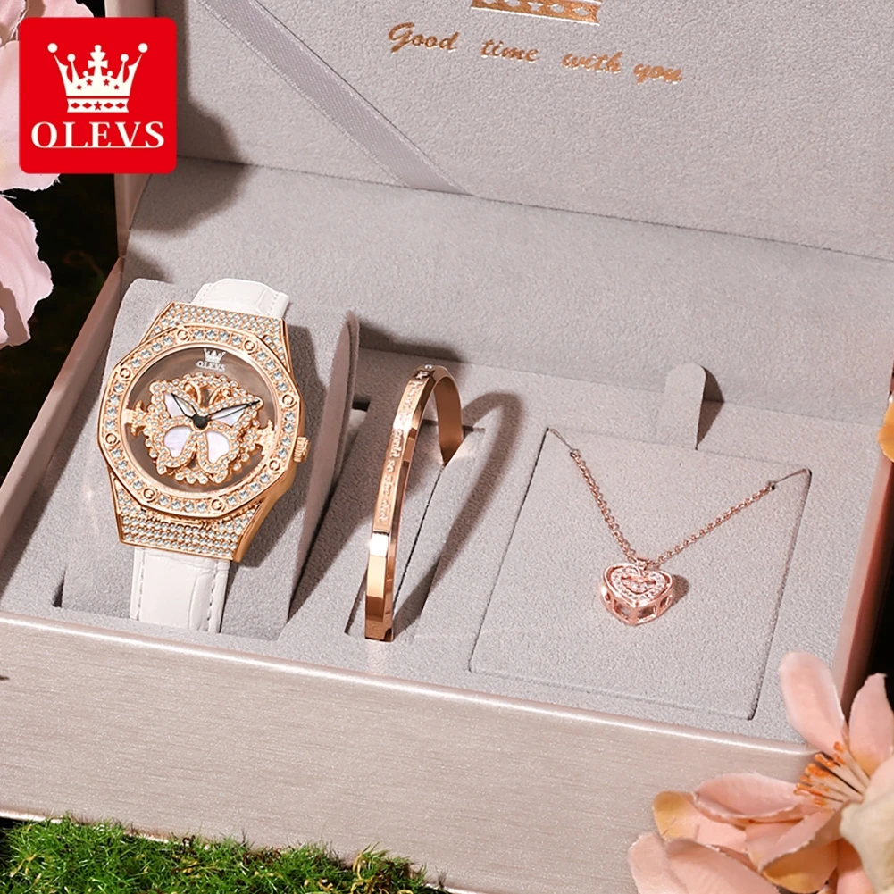 OLEVS Brand Elegant Lady Watch Butterflies Can Rotate Leather Strap Quartz Women Watch Waterproof Bracelet Necklace Gift Box Set