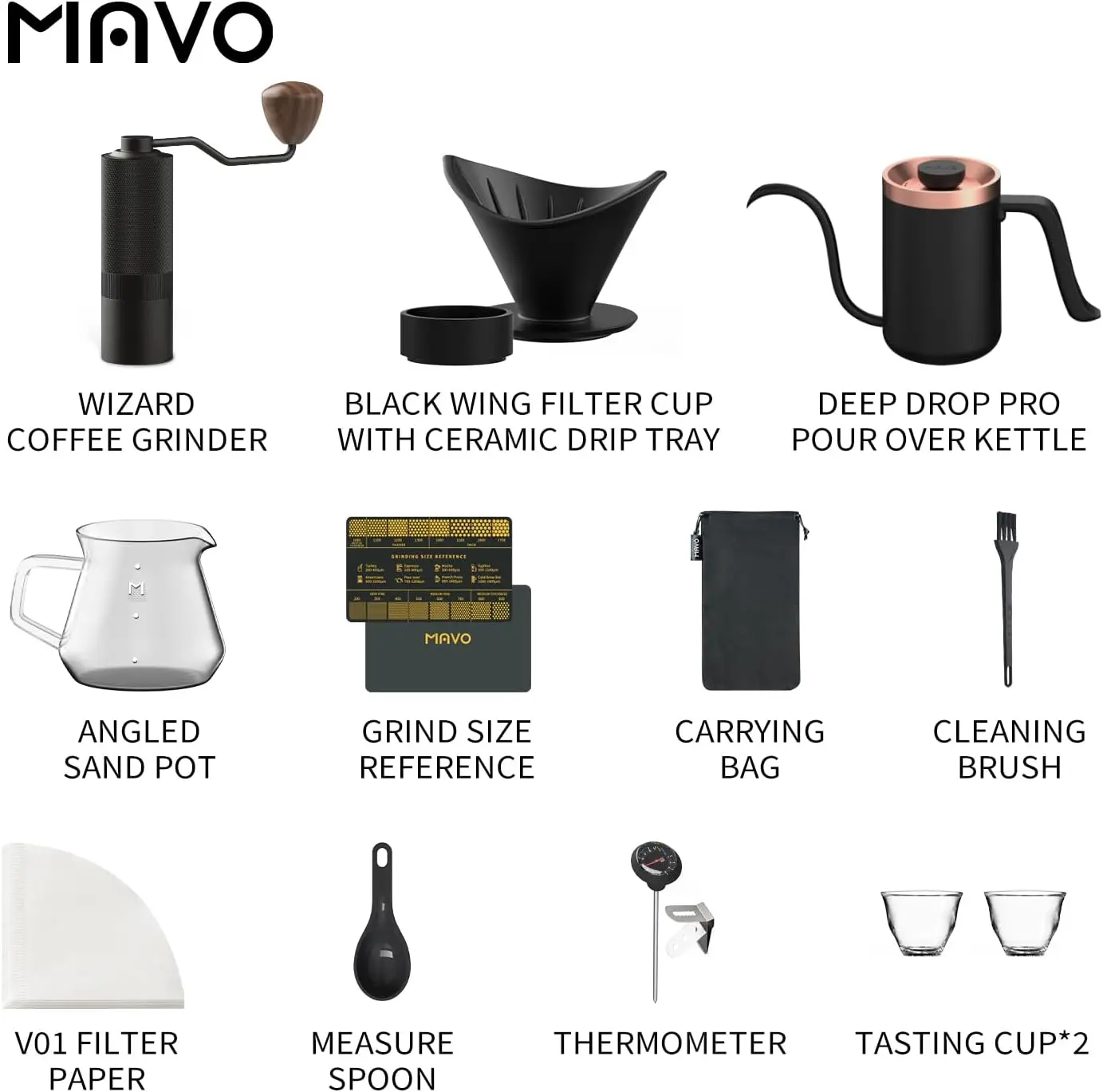 MAVO Pour Over Coffee Maker Set, 12 in 1 Set Box, Manual Grinder Pour Over Kettle Ceramic  Dripper with Tray Glass Paper  Black