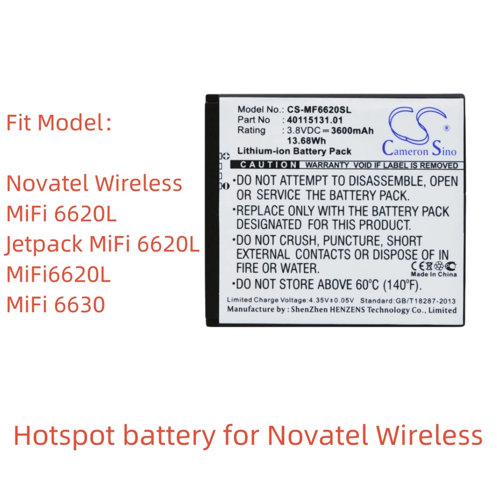 

Li-ion Hotspot battery for Novatel Wireless.3.8V,3600mAh,MiFi 6620L Jetpack MiFi 6620L MiFi 6630 40115131.01 GB-S10-985354-0100