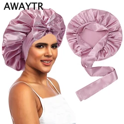 New Double layer Satin Bonnet with Wide Stretch Ties Long Hair Care Women Night Sleep Hat Adjustable Hair Styling Cap Shower Cap