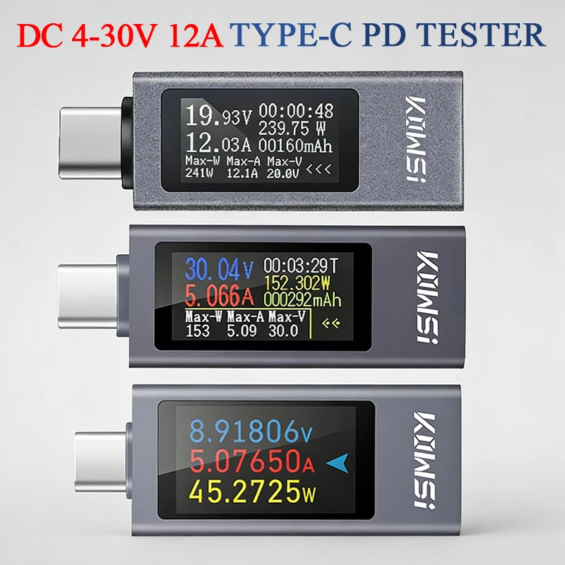 Tester mocy Type-C, cyfrowy woltomierz amperomierz DC 4-30V 12A, miernik napięcia i prądu do ładowarek, power banków, detektor pojemności.