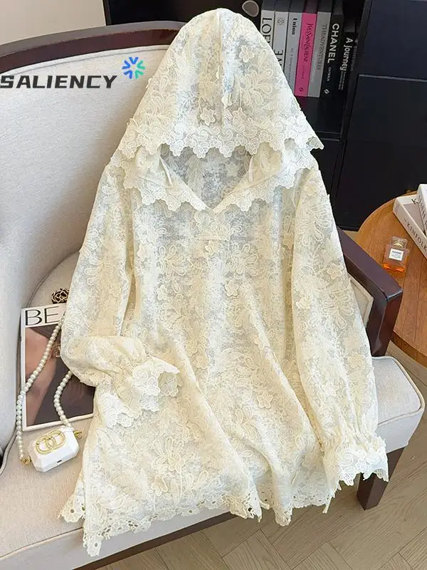 

Уникальная вязаная крючком кружевная блузка с капюшоном для женщин, весна 202, винтажная выдалбливаемая женская блузка с длинным рукавом, роскошный топ премиум-класса размера плюс