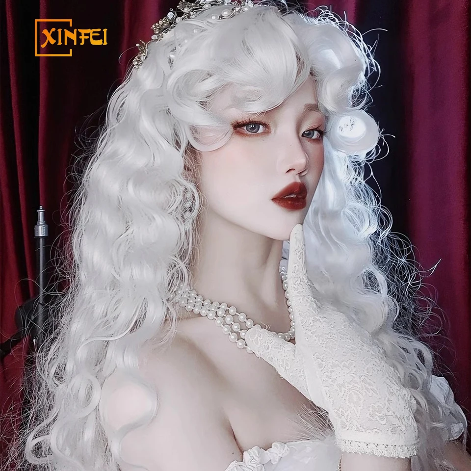 Long Curly Wave Wig with Bangs White Colorful Cosplay Silky Wig for Women Daily Party Natural Soft Synthetic Hair Heat Resistant