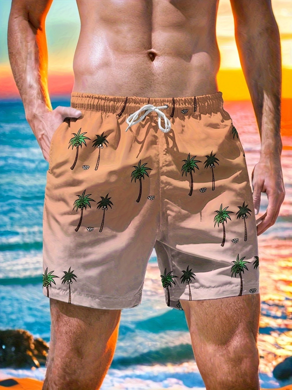 Calções de praia masculinos com estampa digital 3D de palmeira tropical calções casuais de verão com bolsos para férias e atividades ao ar livre