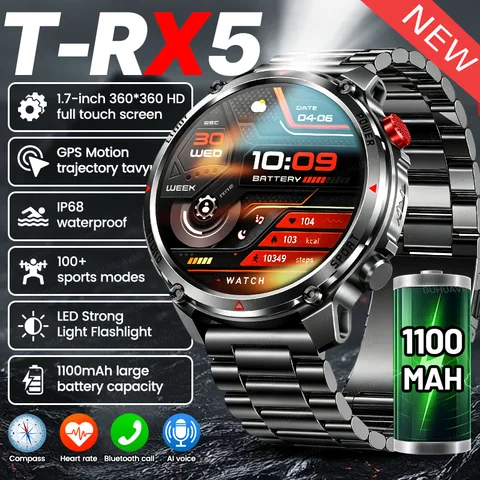 2026New Outdoor Military Men T-RX Smart Watch 1100mAh Large Battery Compass IP68 Waterproof Flashlight Sports BT Call Smartwatch