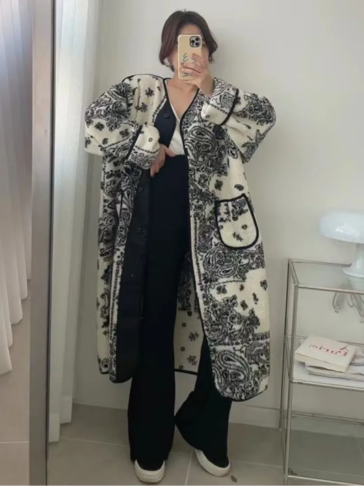 

Retro Ethnic Sle Color Blo eepskin Coat Women's Long Cotton Jaet Winter New Double ket Large Coat Commute