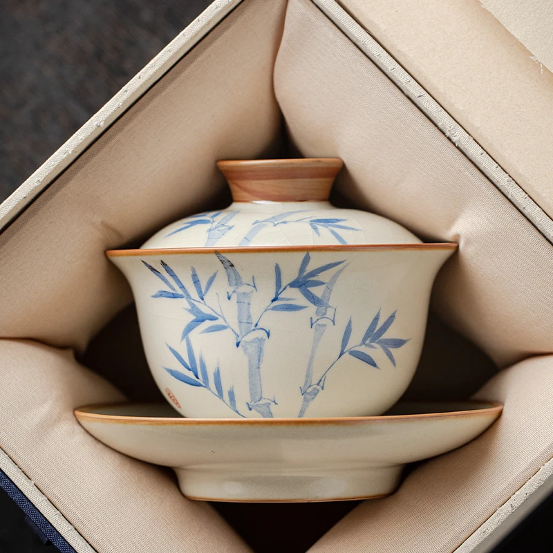 

High End Cerc Tea Cup Bamboo Random Suspension Ru Kiln Gongfu Tea Brewing Bowl Home Use Tea Set Handmade Dehua Coun