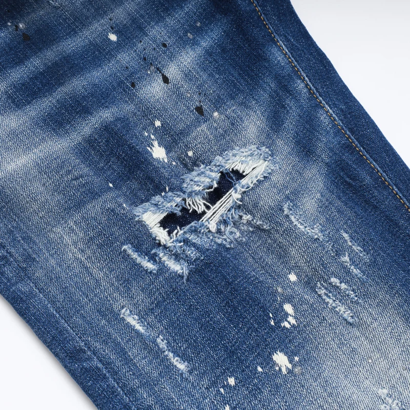 Designer Y2KFashion New Men's Retro Blue Jeans Painted Washed Nostalgic Perforated Patch Elastic Slimming Jeans Hip Hop Brand H