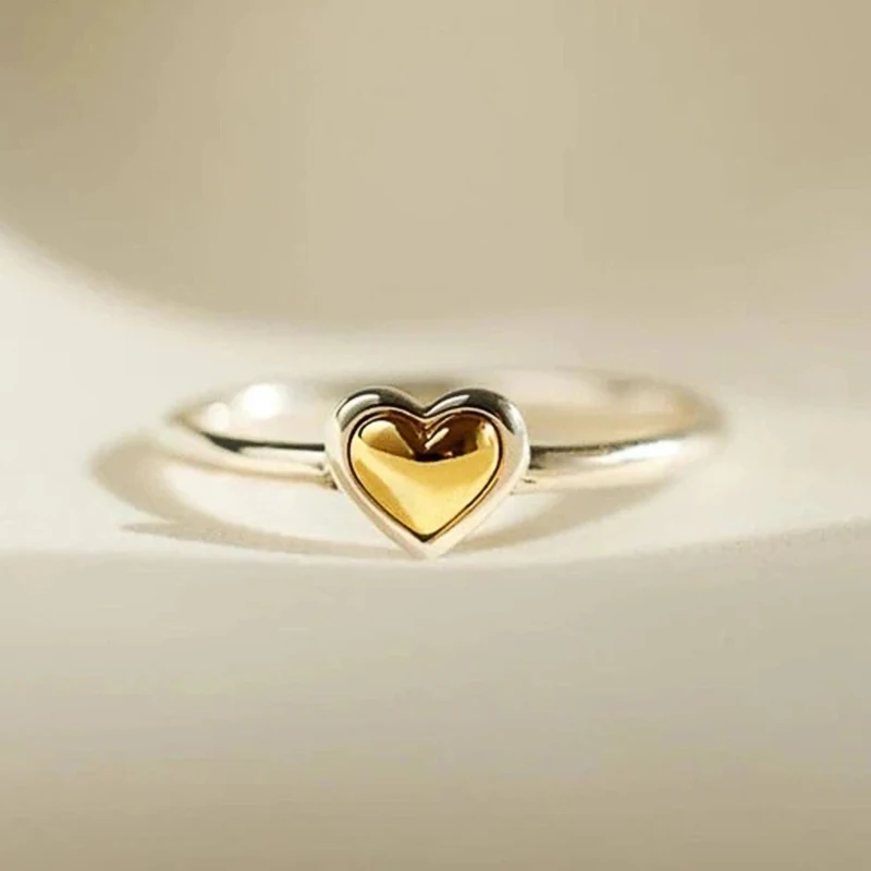 Huitan Heart Rings for Women Metal Two Tone Love Rings Eternity Wedding Band Accessories Modern Fashion Female Jewelry Dropship