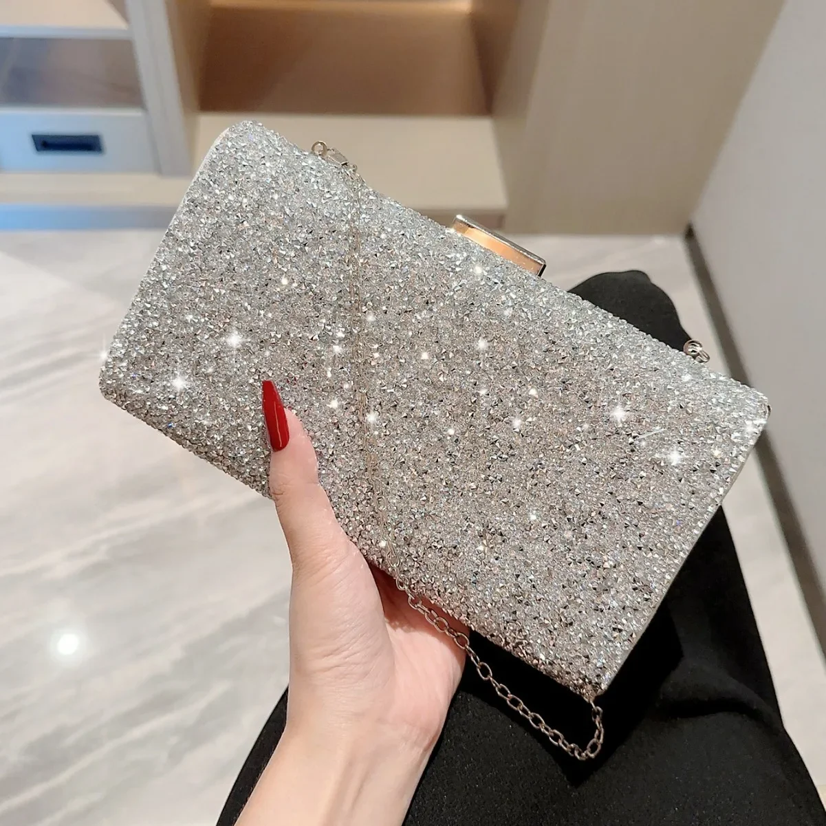 Shining Silver Drill Evening Bags Ladies Wedding Banquet Clutches Party Handbag Clutch Silver Color Chain Shoulder Bag For Women