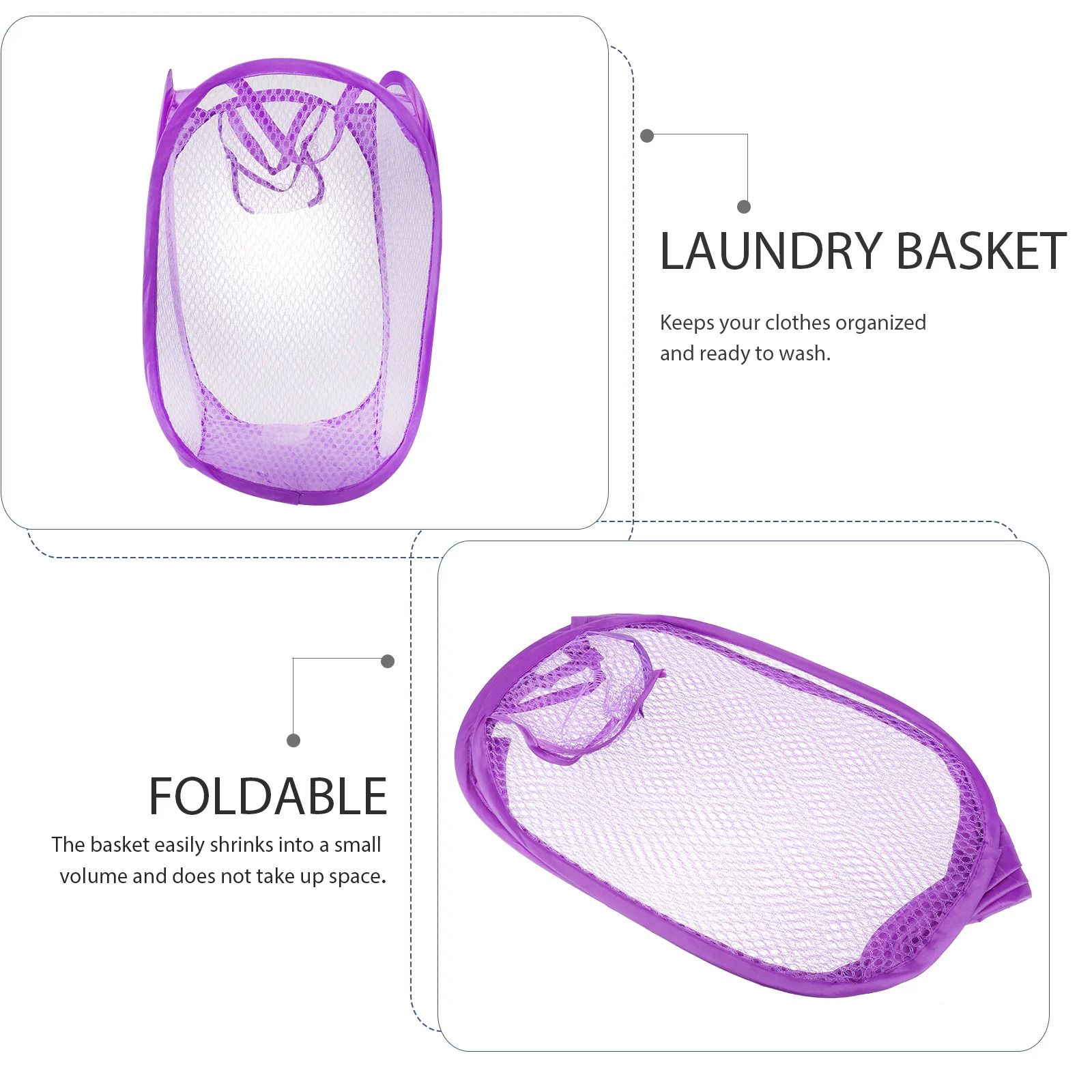 

Foldable Easy Open Mesh Laundry Hamper Purple College Dorm Storage Dirty Clothes Basket Sturdy Handles Side Pocket Breathable