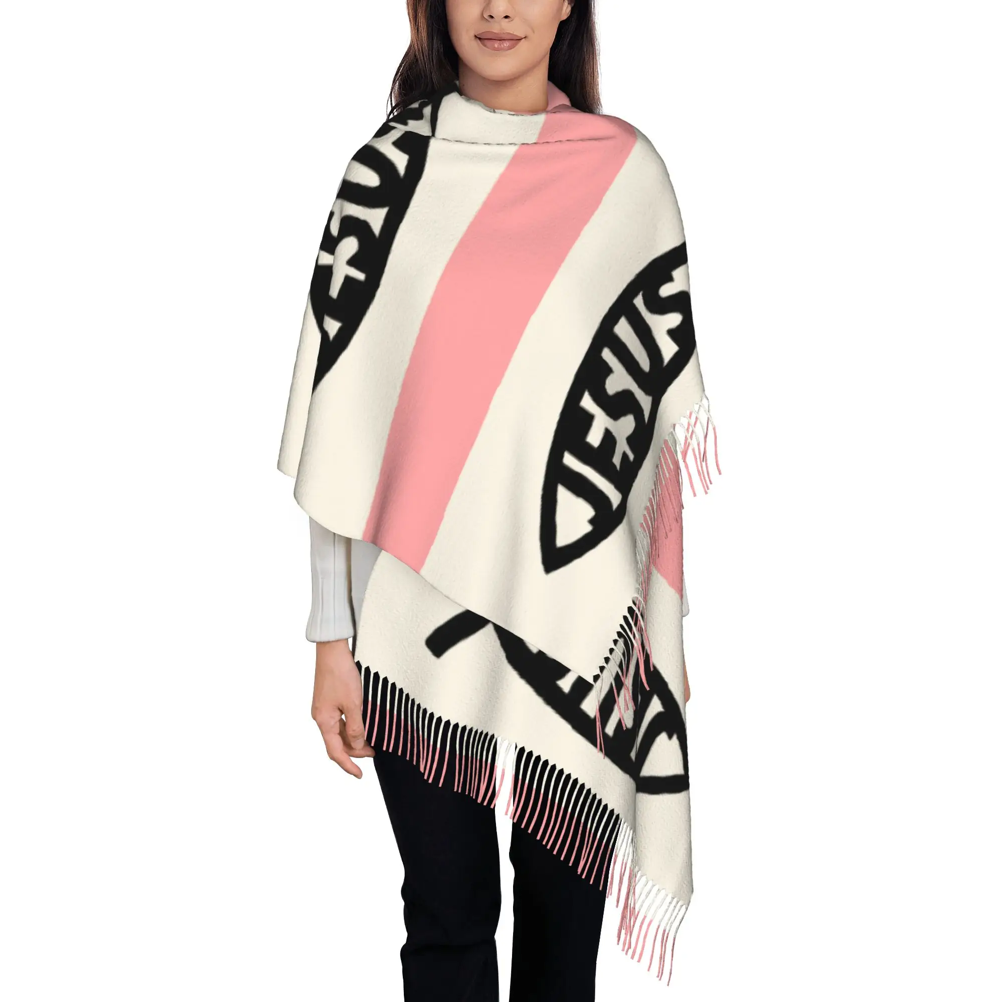 

Custom Jesus Christ Ichthys Symbol Scarf Wrap Women Long Winter Warm Tassel Shawl Unisex Scarves