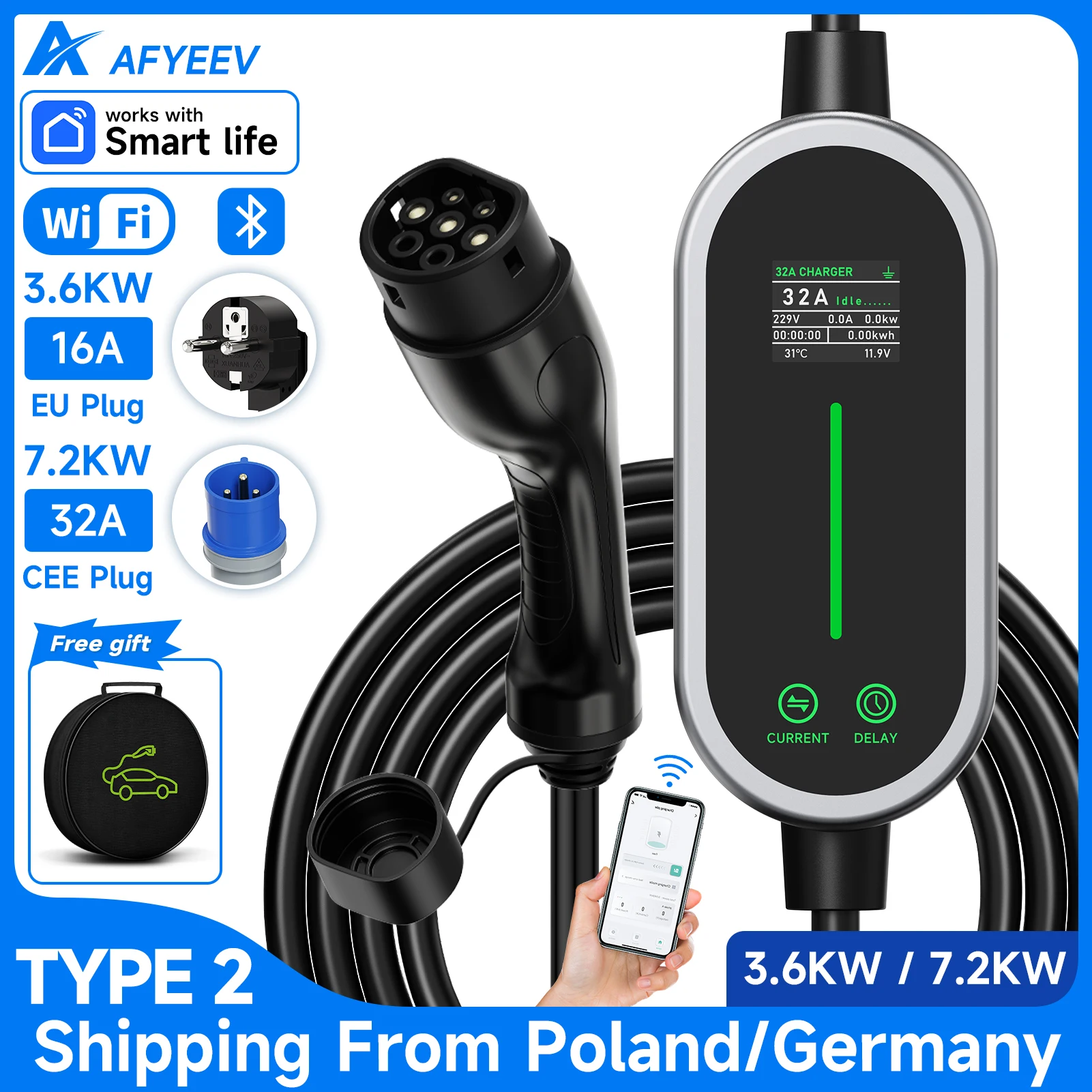 AFYEEV 7.2KW شاحن سيارة كهربائية محمول 3.6KW نوع 2 IEC62196-2 شاحن EV واي فاي بلوتوث APP التحكم عن بعد الشحن من الاتحاد الأوروبي
