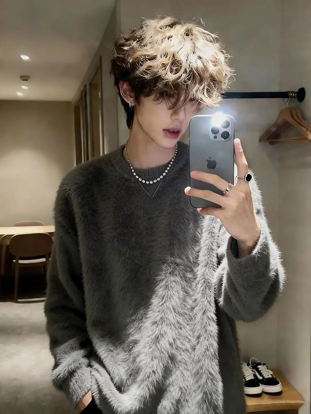 

Deep ey Men's Mink Knitwear Winter Base Layer Inner Wear Thi Warm Korean Sle Fur Jaet Casual Loose Fit Long Sve