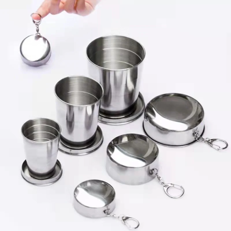 #1PC 250ml Stainless Steel Folding Cup Outdoor Travel Camping Portable Collapsible Water Cups With Keychain Retractable Teacups