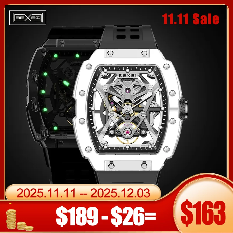 Bexei relógio mecânico automático masculino, relógio vintage com movimento esqueleto de vento automático tr90, caixa transparente, luminoso 9130