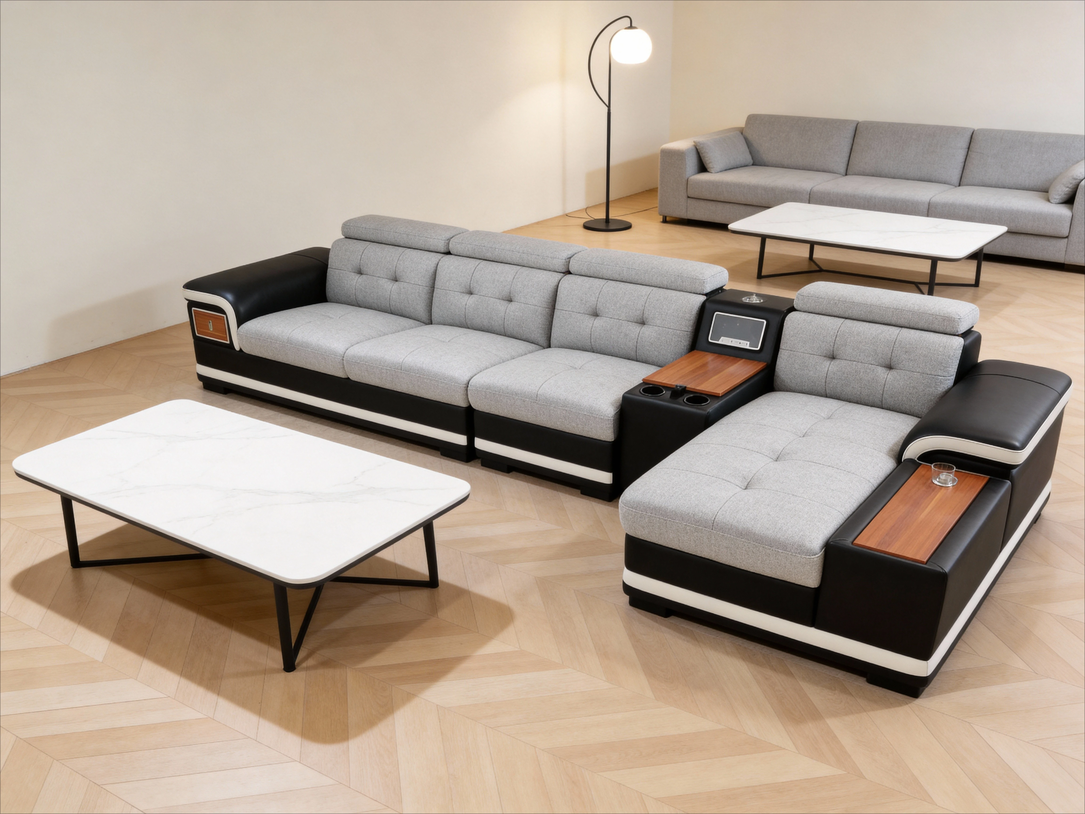 #Headrest Adjustable Leather Couch with Chaise, Console, Massage, Speaker, Projector, USB | Modern Genuine Leather Sectional Sof
