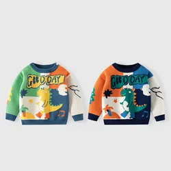 Spring Autumn Children Girls Pullover Knitted Dinosaur Patchwork Baby Girls Sweater Outdoors Moven Cotton Little Girls Knitwear