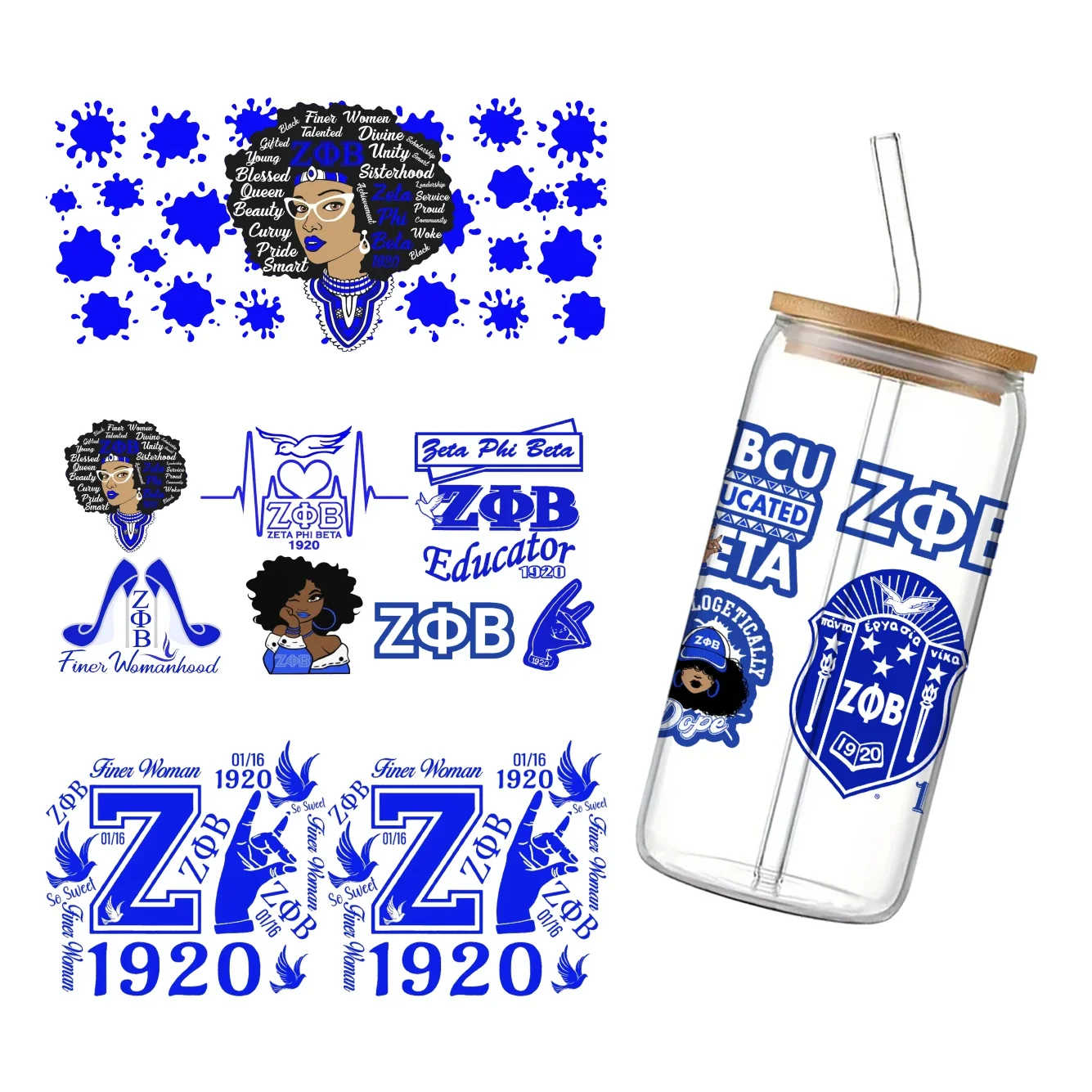 Zeta Phi Beta Sorority 11*24cm UV DTF Wrap Transfer Sticker DIY For 16oz Libbey Glass Cup Waterproof Decals Coffee Cup Sticker