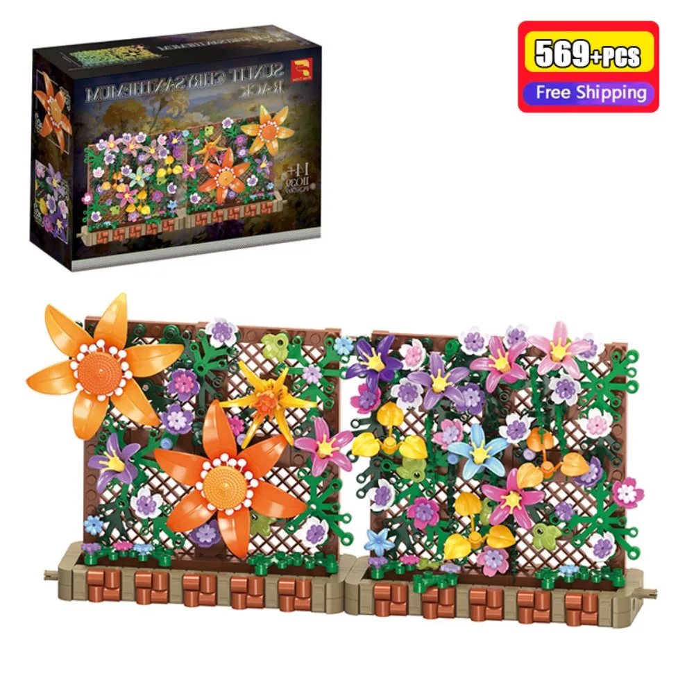 

569Pcs Flower Building Blocks Floral Trellis Toy Sunlit Chrysanthemum Rack Garden Fence Brick DIY Plant Assembly Home Decor Gift