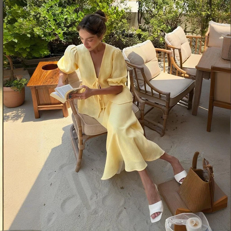 

Тонкий хлопково-льняной повседневный костюм для женщин с v-образным вырезом и короткими рукавами, футболка с рюшами, длинная юбка, комплект, элегантная юбка с высокой талией, комплекты из 2 предметов