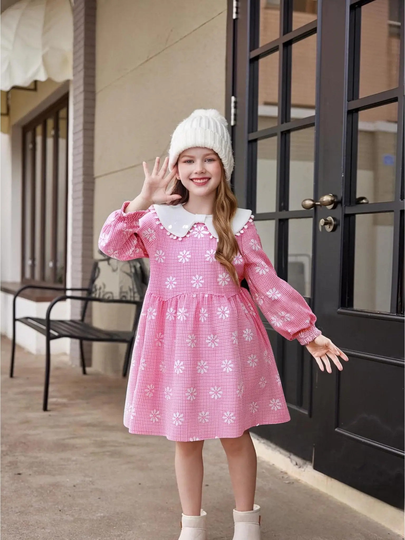 Girls Plaid Long Sleeve Dress with Peter Pan Collar And Waist Cinch Floral Print Spring Autumn Outfit Sweet Fashion Style