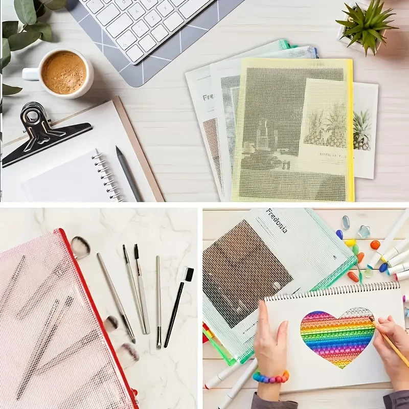 9pcs Colorful Macaron File Bags - A4 Mesh Zipper Pouches for Office & School Use, Foldable & Mark-Free, Durable PVC Material