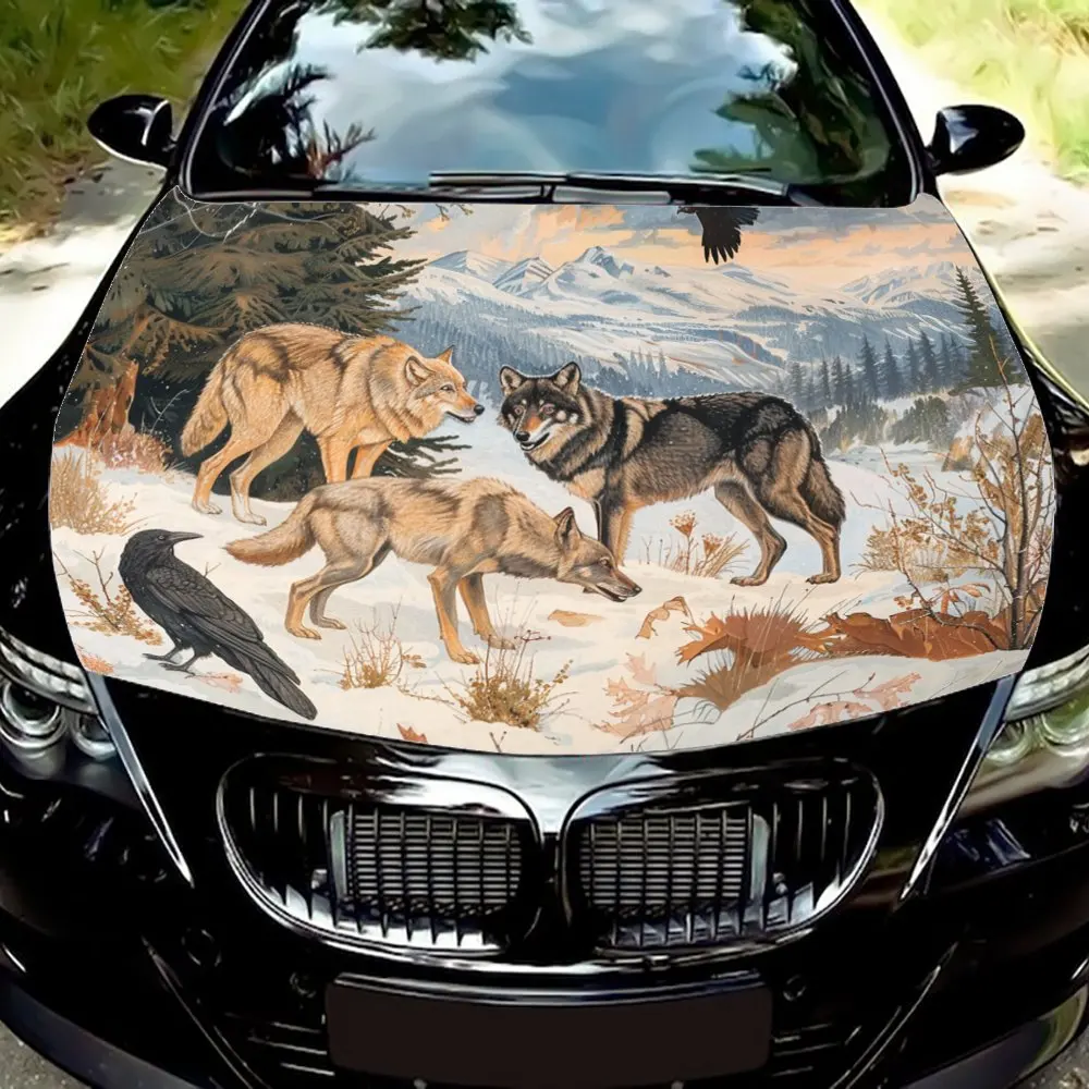 

Winter forest wolf pack partner graphics car vinyl wraps, car hood vinyl sticker, quality and appearance coexist