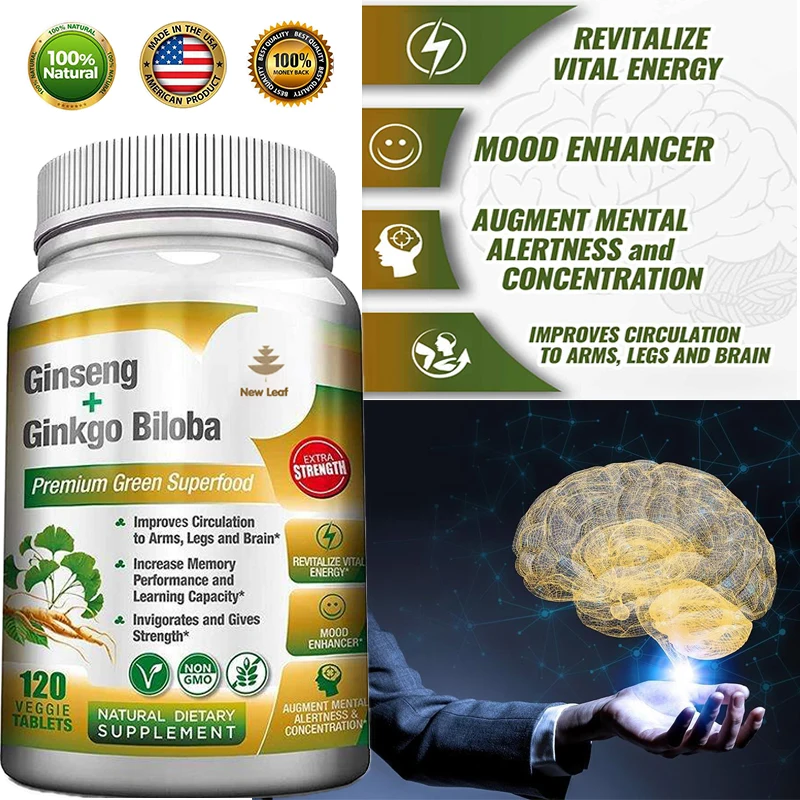 Ginseng + Ginkgo - Premium Non-GMO/Vegetable Superfood - Traditional Energy Supplement & Brain Enhancer with Eye Health Benefits