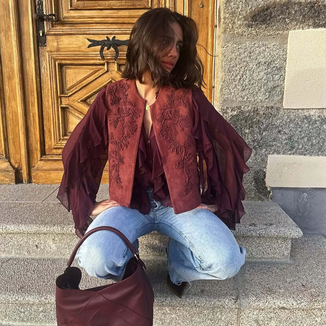 

Женский замшевый жилет с вышивкой Maillard в европейском и американском стиле, топ в стиле ретро, горячая новая мода для женщин