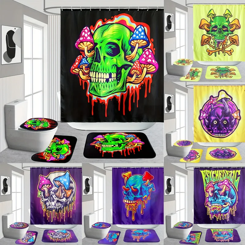 4pcs Waterproof Mushroom Skull Pattern Bathroom Set with Non-Slip Back, Shower Curtain, Lid Cover, and Toilet Mat - Decora