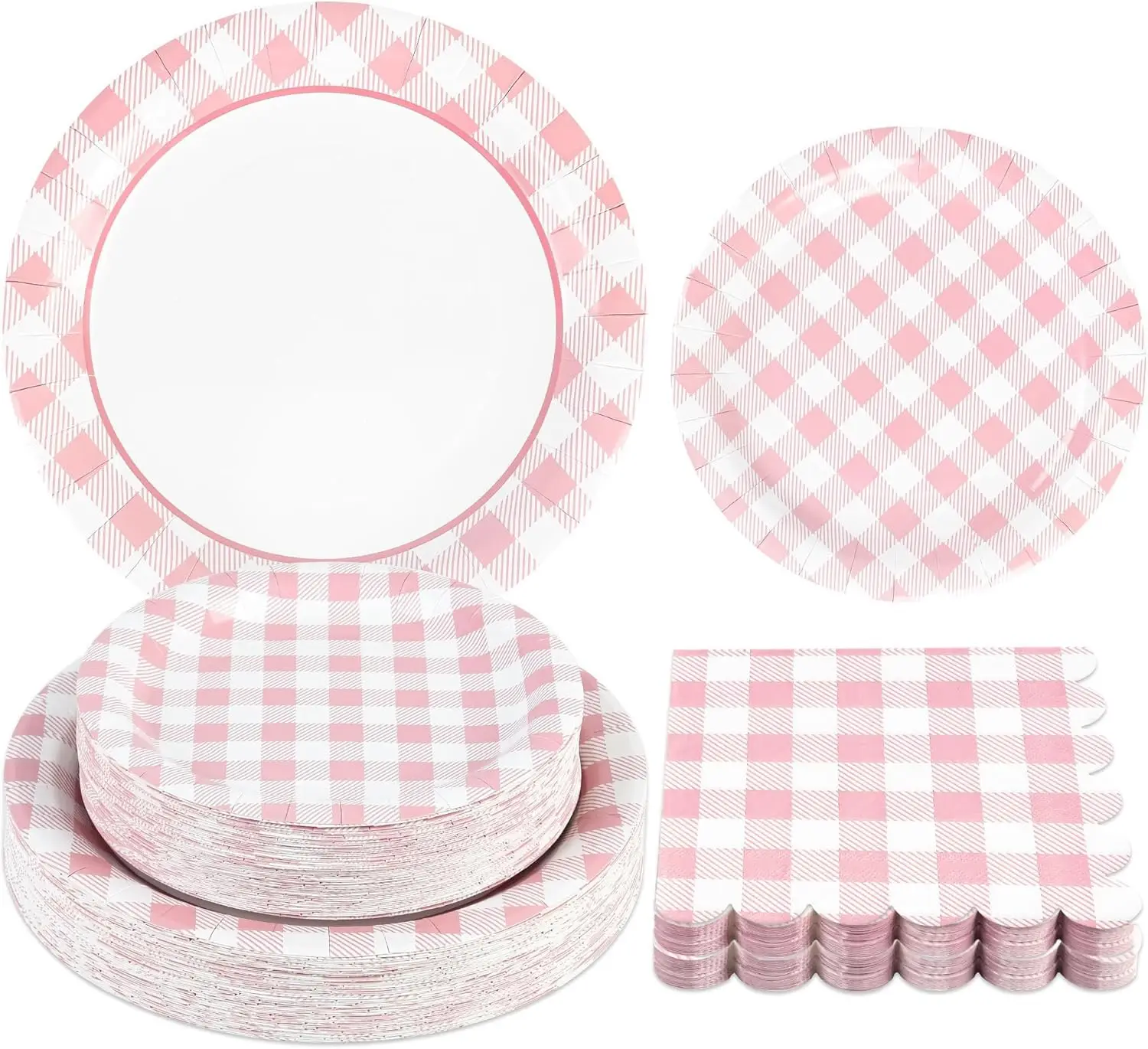 

150Pcs Pink Gingham Party Supplies Pink Gingham Paper Plates and Napkins Pink Checkered Plates Disposable Pink and White