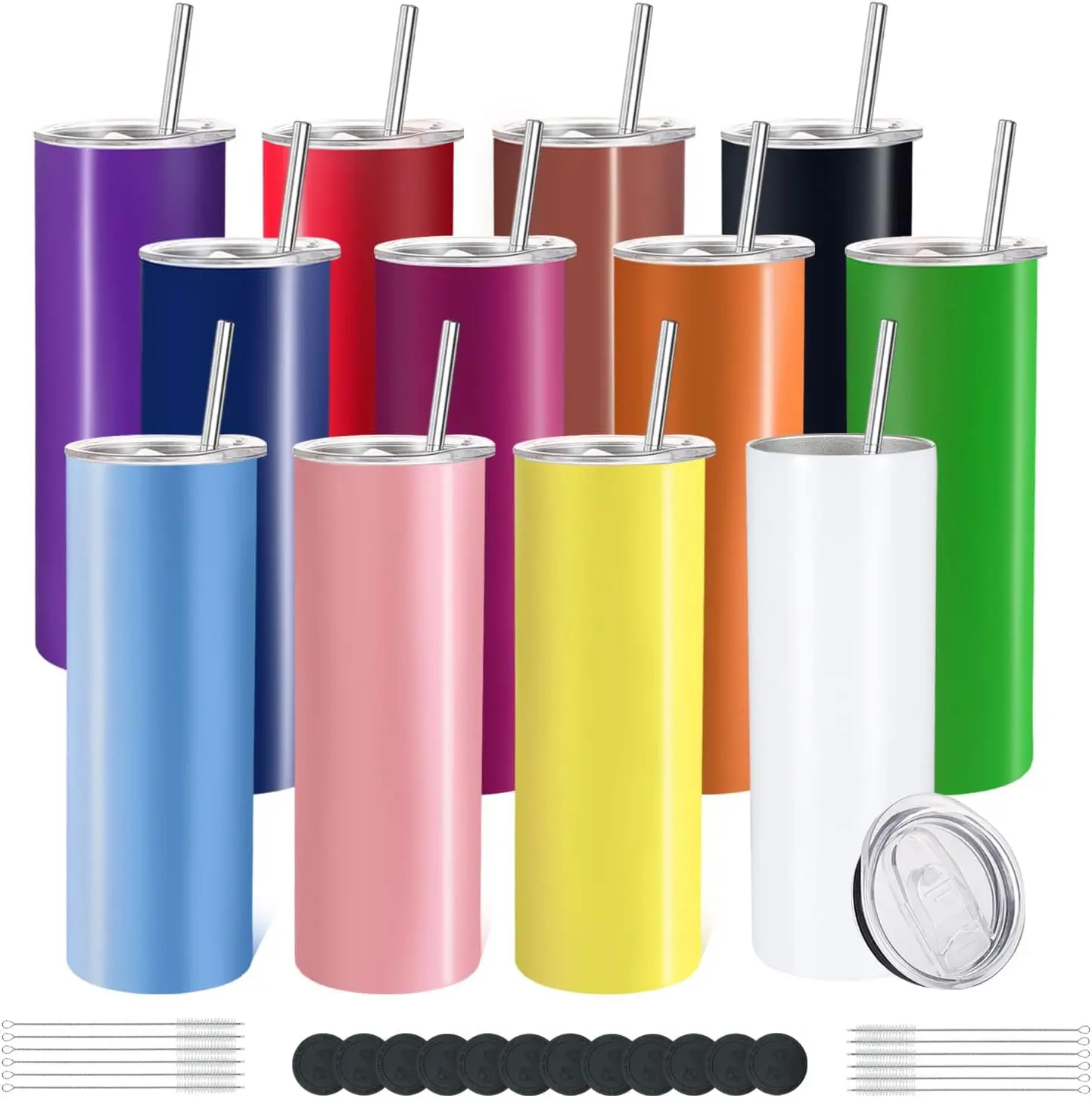 12 Pack Stainless Steel Skinny Tumblers 20oz - Bulk Straight Double Wall Vacuum Insulated Tumbler W/ Lid & Straw & Silicone Base