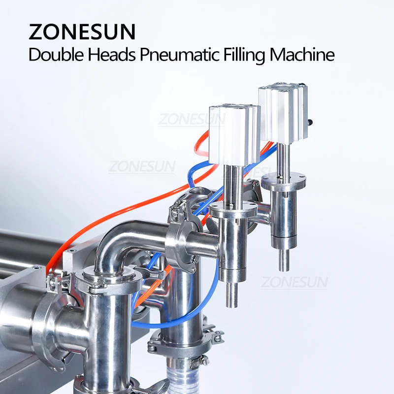 ZONESUN التلقائي الهوائية الدائمة مزدوجة فوهات السائل المشروبات شامبو النفط ملء آلة عمودي زجاجة المياه حشو