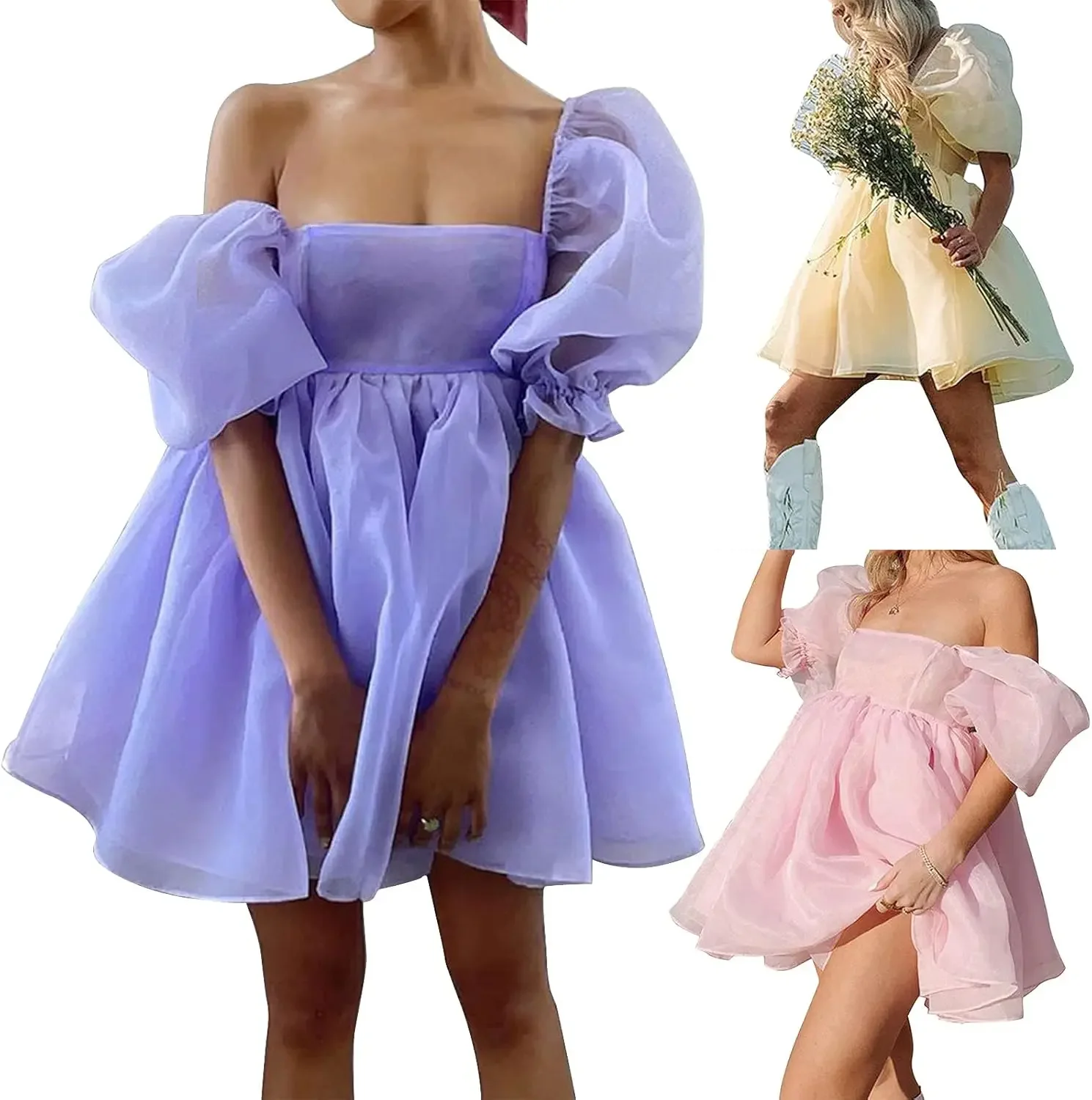 Short Prom Dress Graduation Dress Womens Off-Shoulder Ruffled Fluffy Short-Sleeved Mesh Party Mini Princess Dress